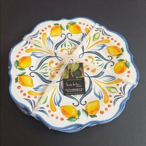 4pc NICOLE MILLER HOME Scalloped Edges Melamine Dinner Plate Set -Yellow Blue Wt